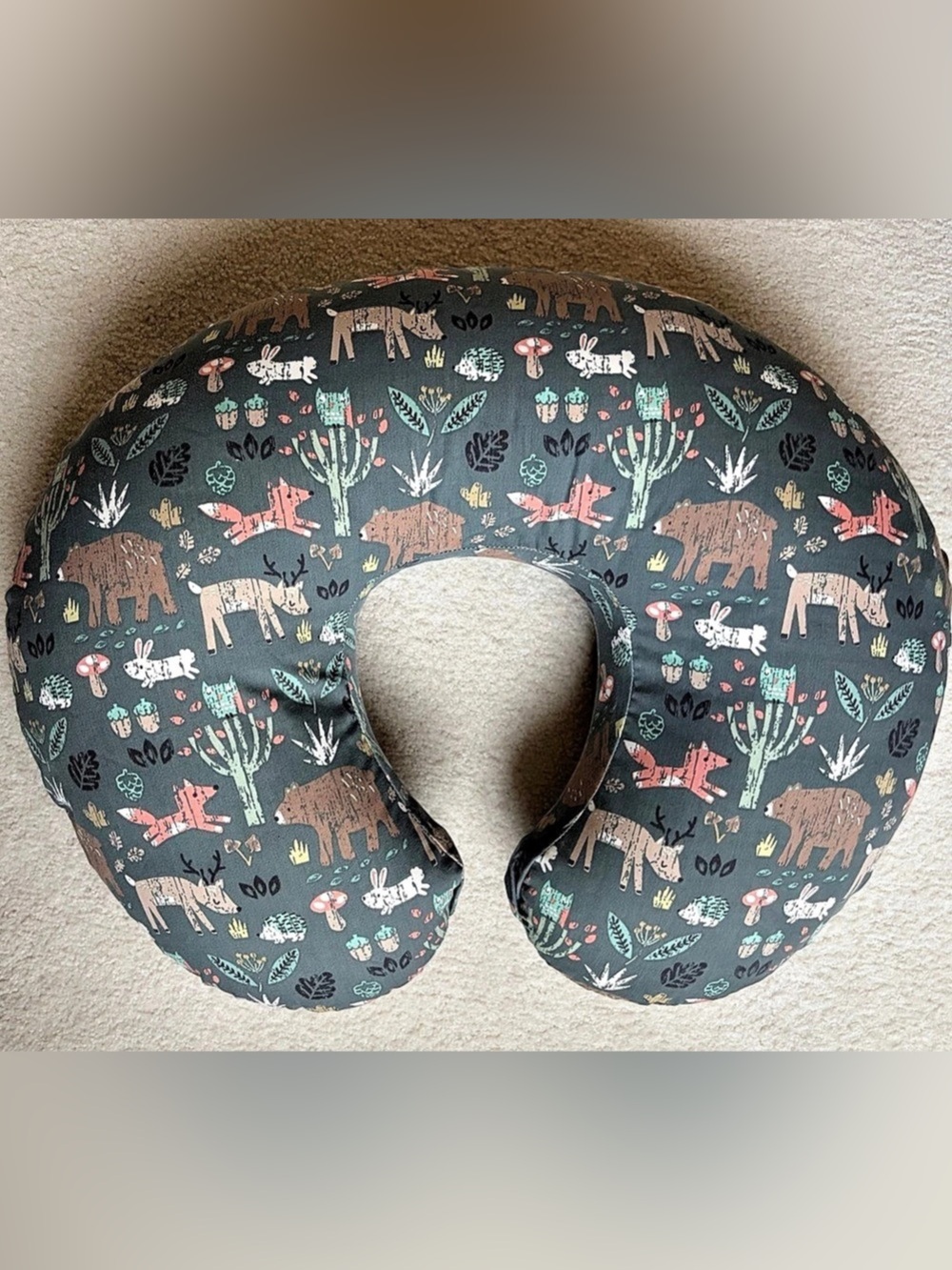 Boppy Original Support Nursing Pillow + EUC Green Forrest Animal Print Cover